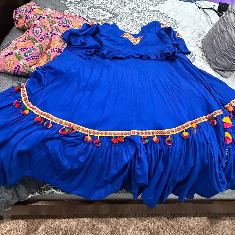 Vibrant Blue Dress with Colorful Accents